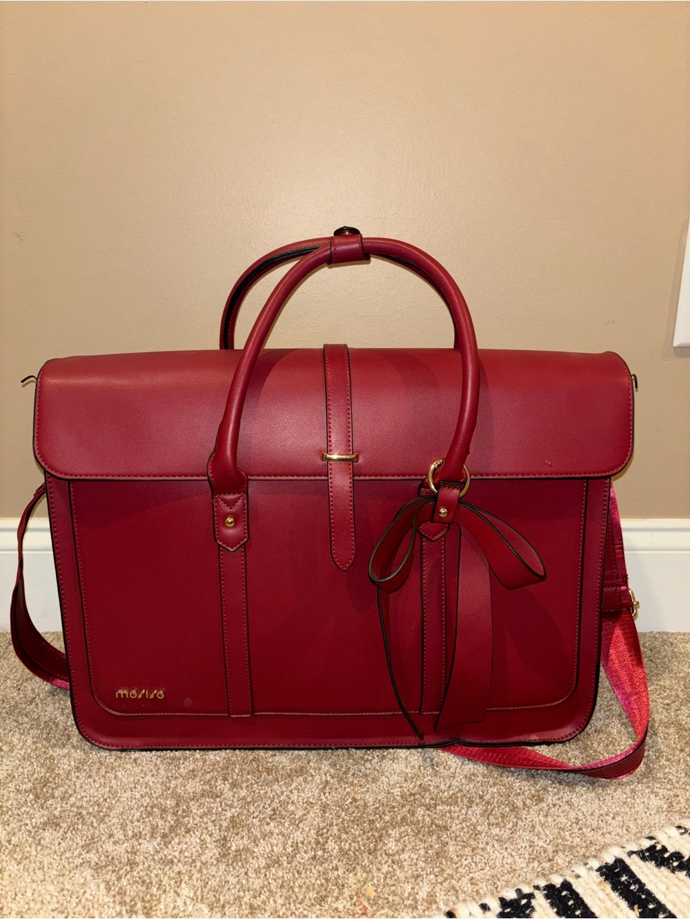Red Leather Briefcase with Top Handles and Detachable Straps